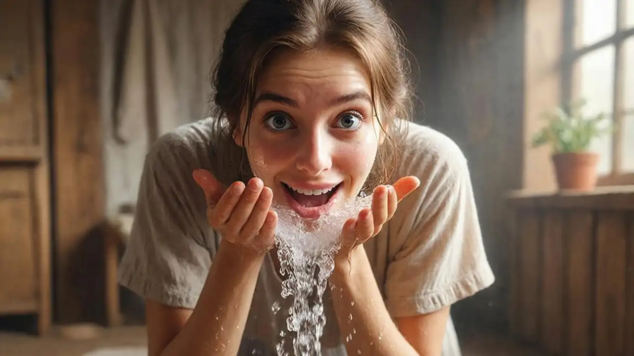 Девушка умывается ледяной водой.