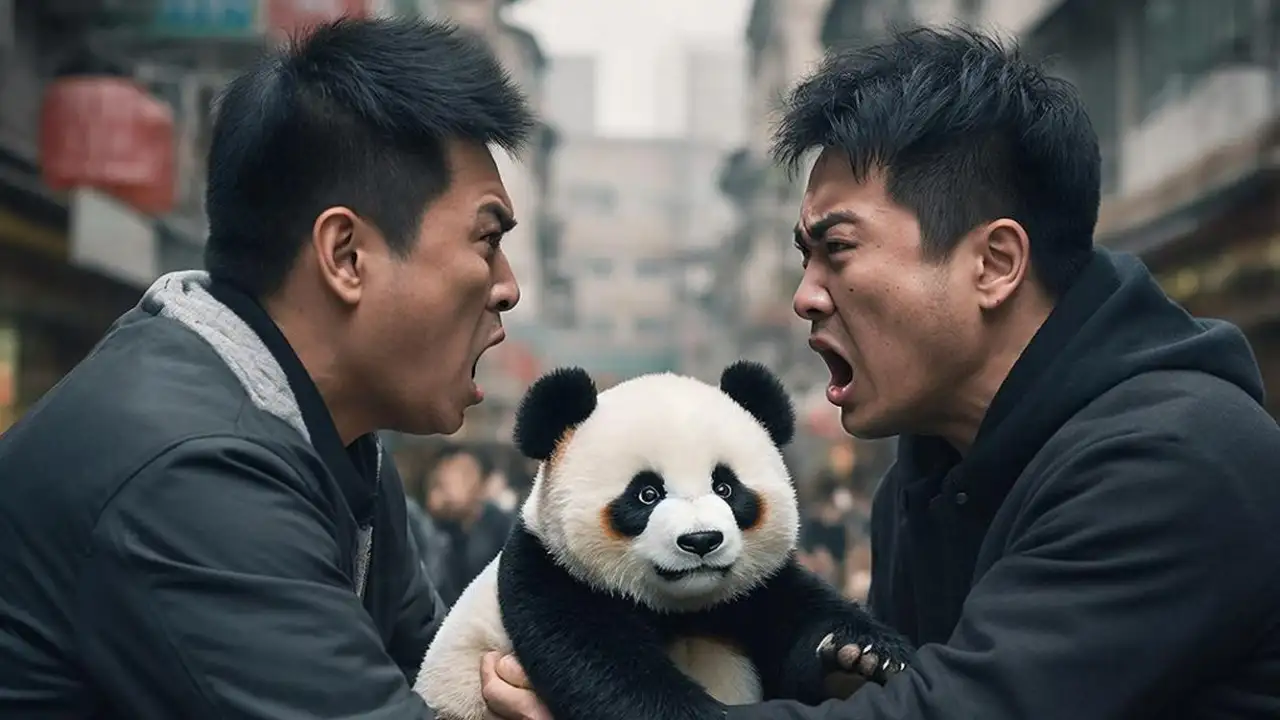 Один человек отбирает у другого панду.