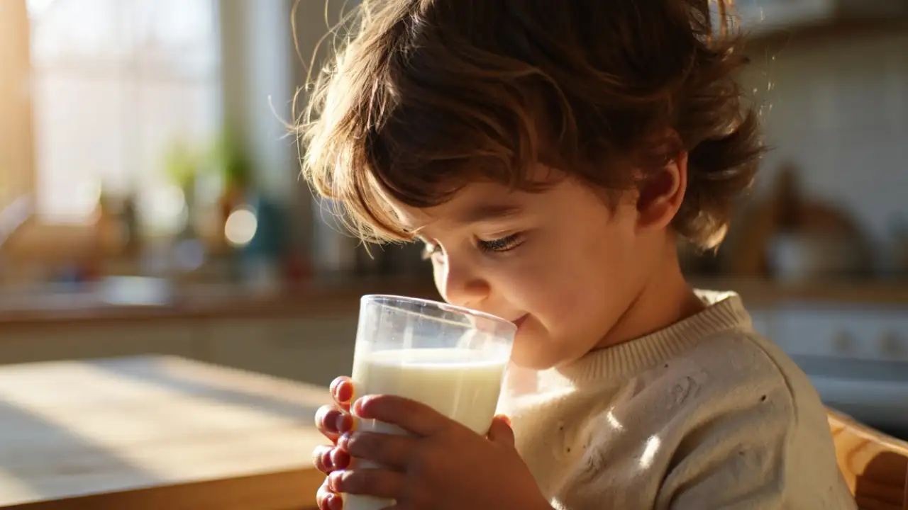 Ребенок пьет молоко.