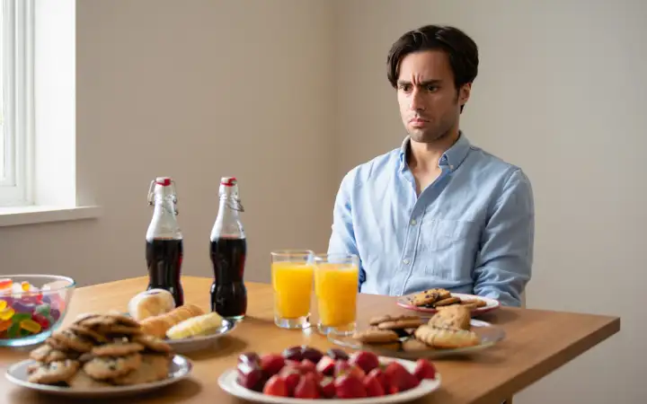 Мужчина перед столом со сладкими продуктами.