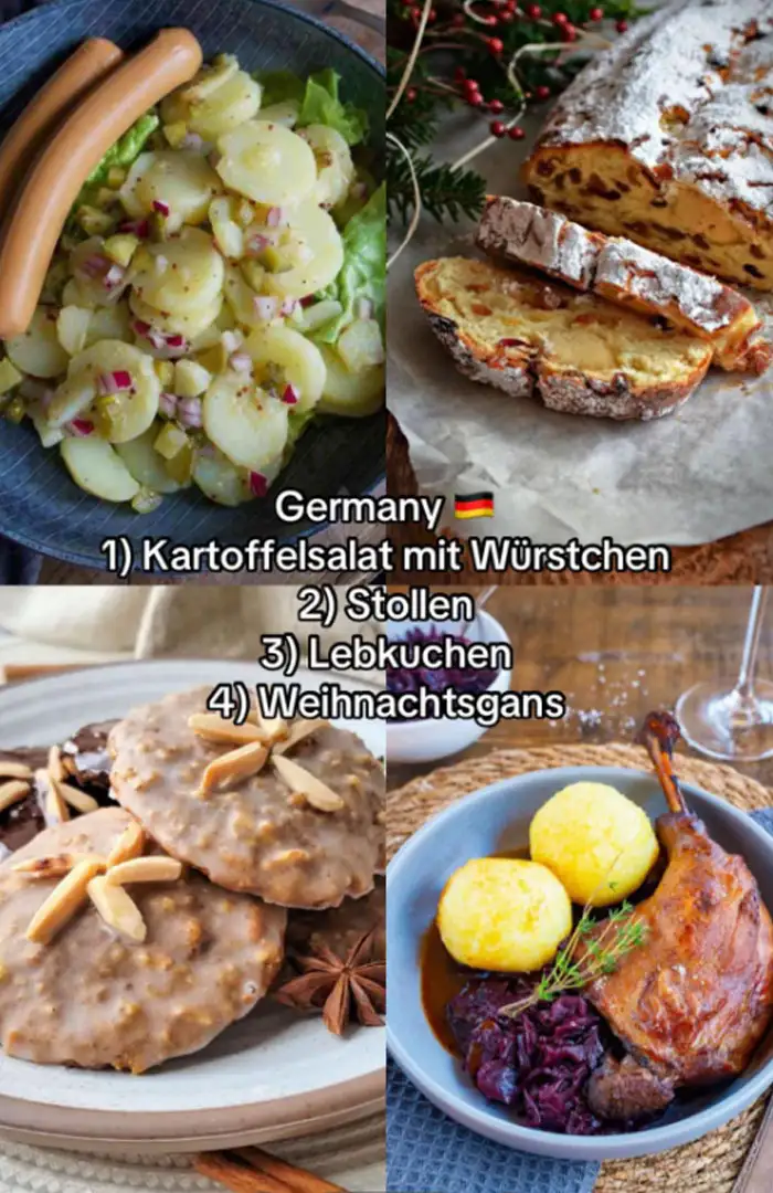 Германия — картофельный салат с сосисками, штоллен (фруктовый кекс с изюмом и марципаном), лебкухен (пряное рождественское печенье), запеченный гусь с гарниром.