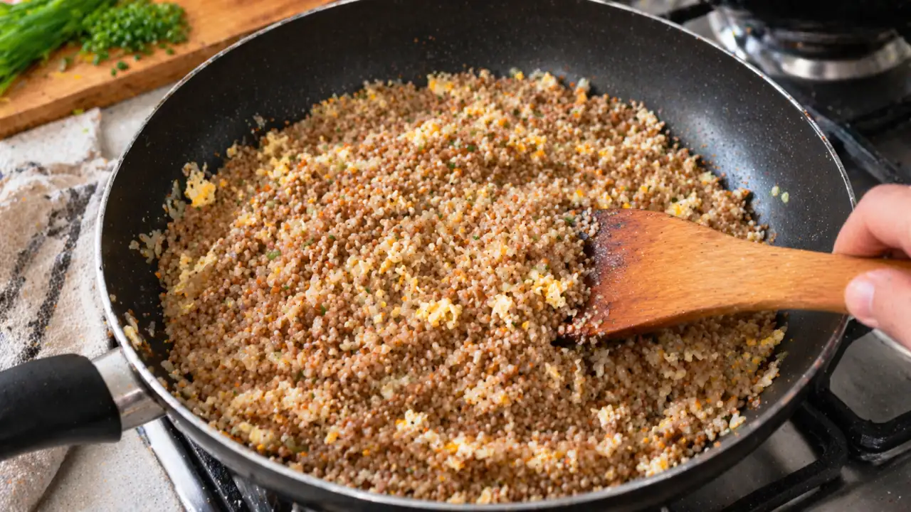 Гречка с яйцом и луком на сковороде