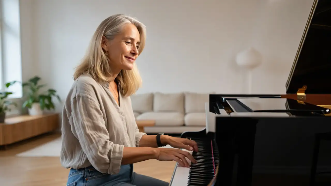 Женщина играет на пианино.
