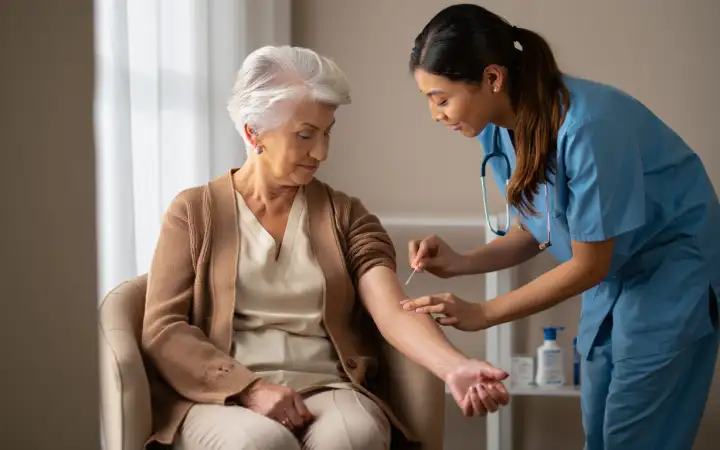 Пожилая женщина сдает анализ крови.
