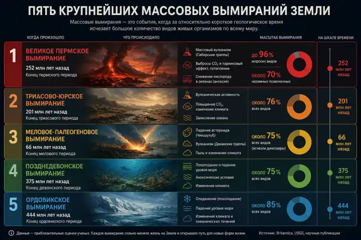 Пять крупнейших массовых вымираний Земли. Инфорграфика Пять крупнейших массовых вымираний Земли. Инфорграфика