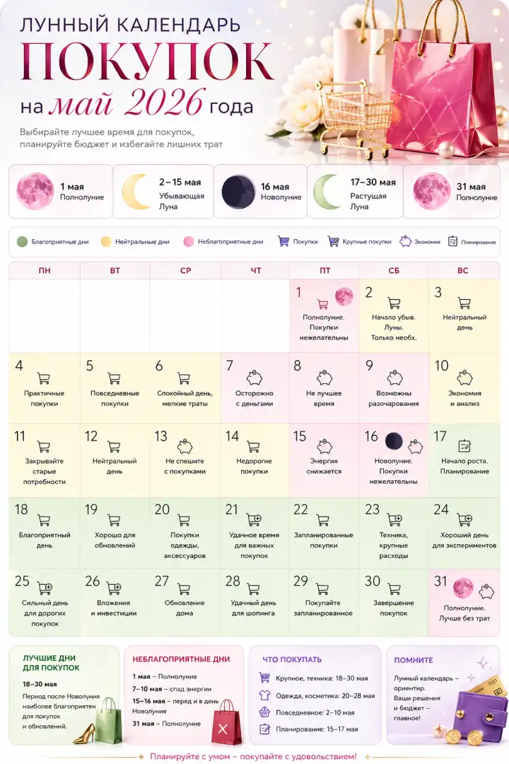 Лунный календарь покупок на май 2026 года