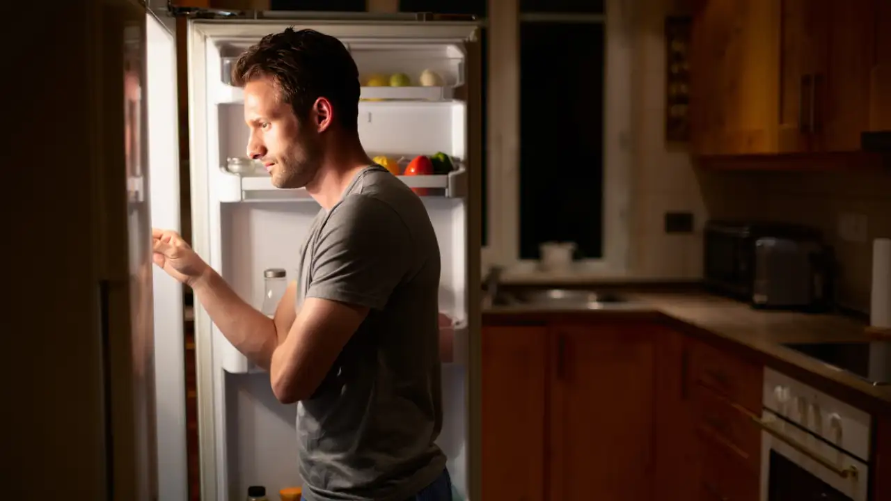 Мужчина у холодильника.