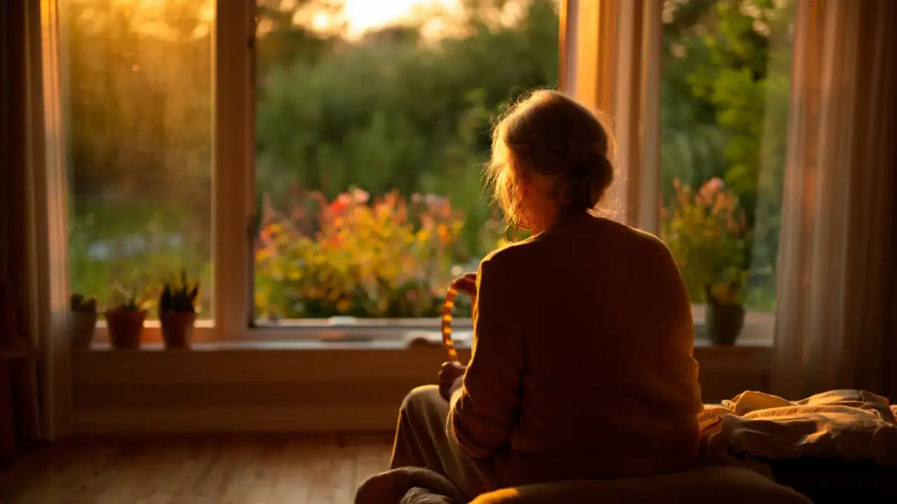 Пожилая женщина смотрит в окно.