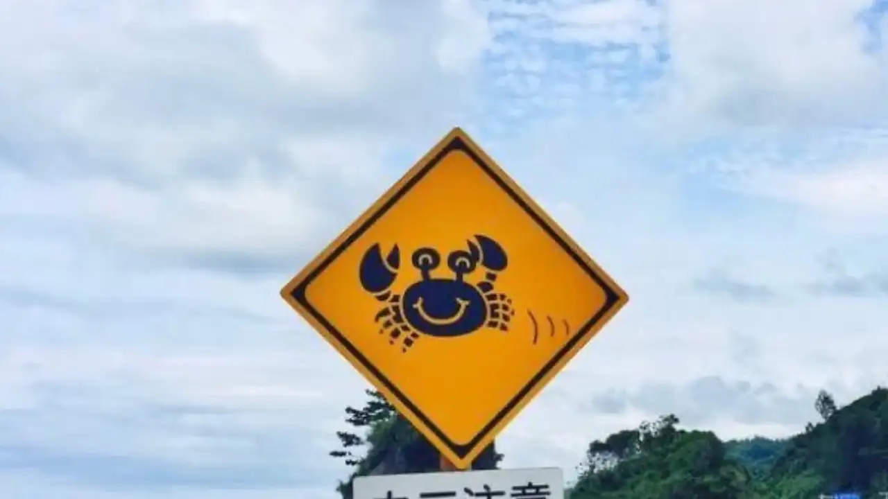 Знак на трассе в Японии, предупреждающих о крабах на дороге.