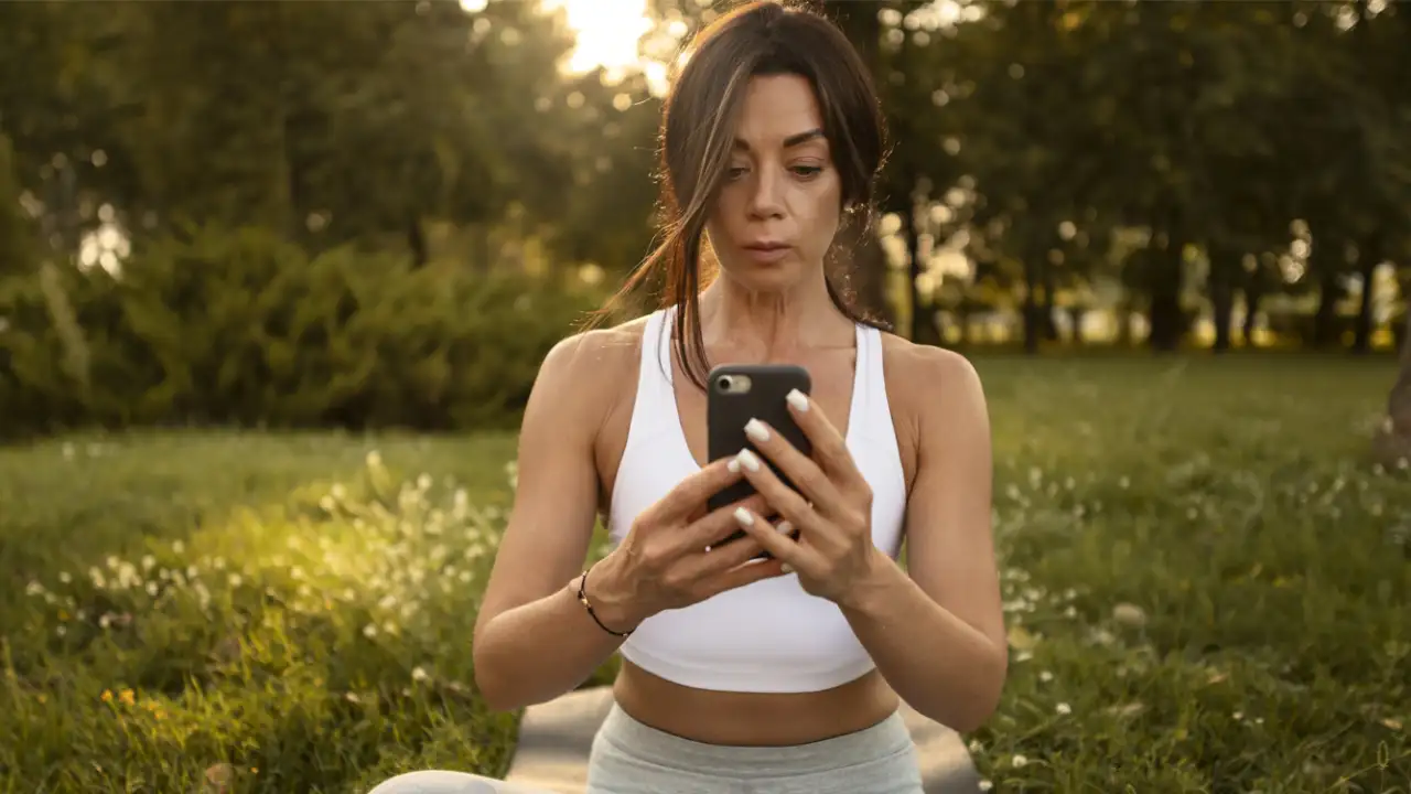 Девушка со смартфоном на природе.