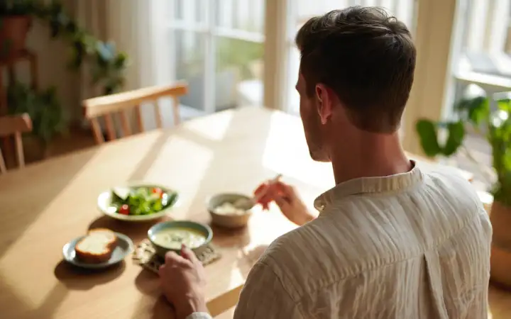 Мужчина обедает.