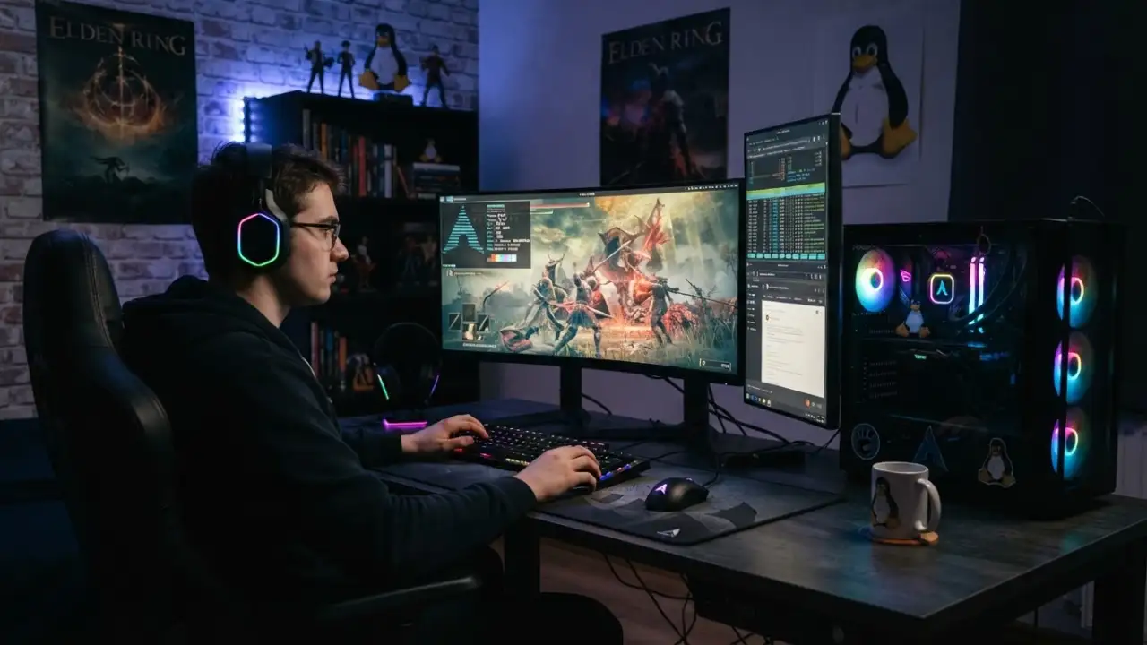 Геймер играет на системе Linux.