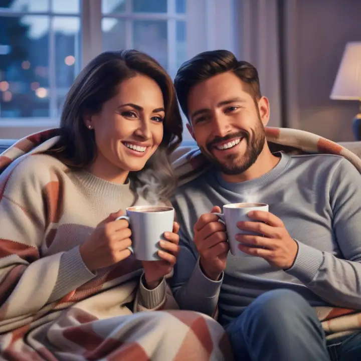 Пара согревается какао под пледом. Пара согревается какао под пледом.