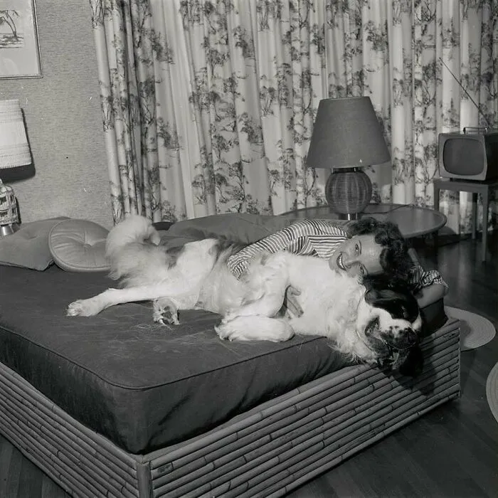 Бетти Уайт дома со своей собакой, 1957 год.