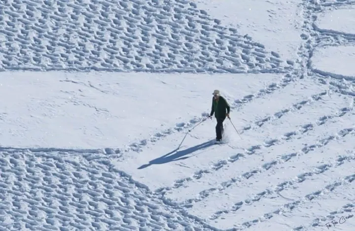 Иногда художник берет с собой лыжные палки, чтобы не упасть в снег.